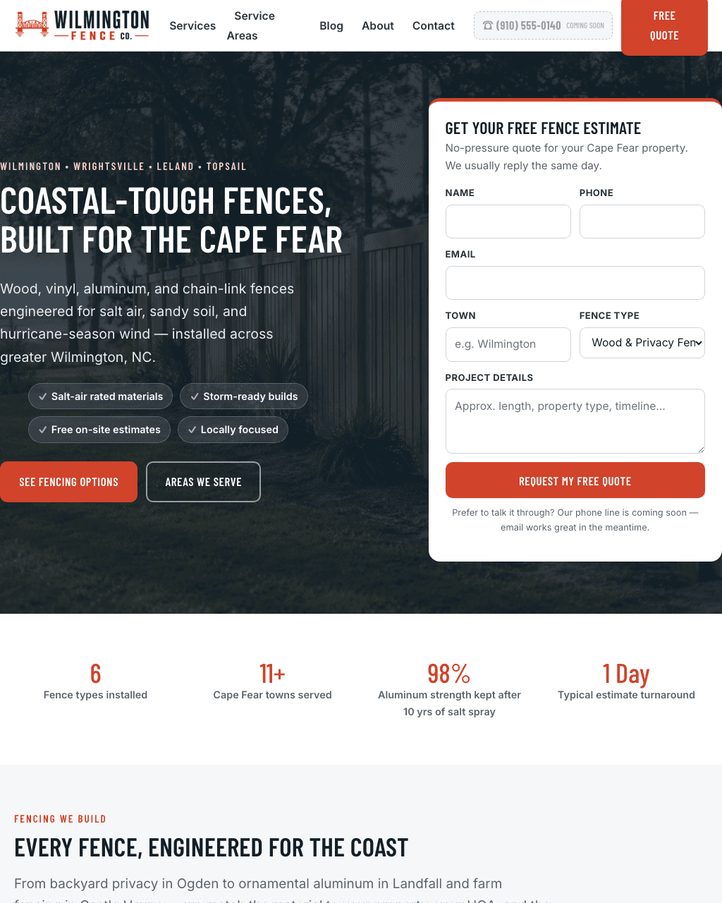 Wilmington Fence Co. homepage hero with quote form